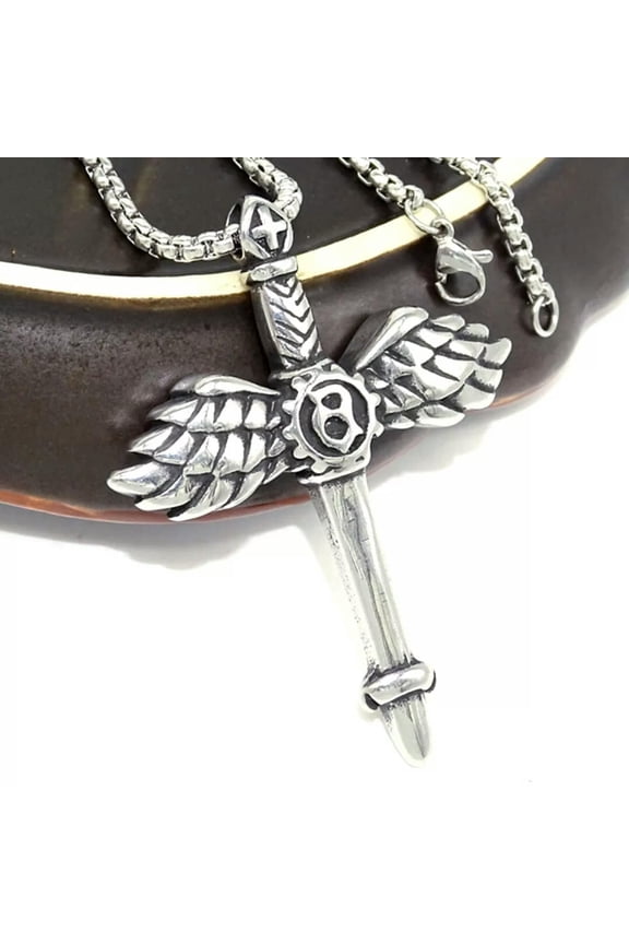 Mens Silver Angel Wing Sword Cross Pendant Necklace Stainless Steel Chain 24"