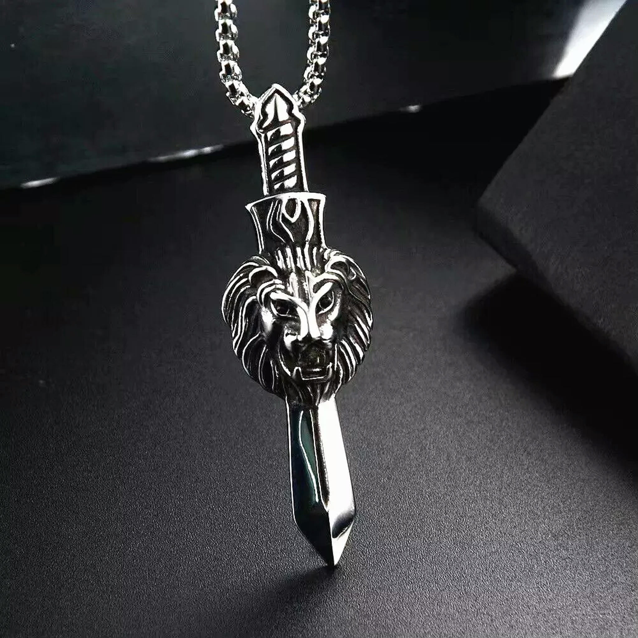 HOOUN Mens Silver Animal Lion Head Sword Pendant Necklace Chain Punk Rock Jewelry Gift