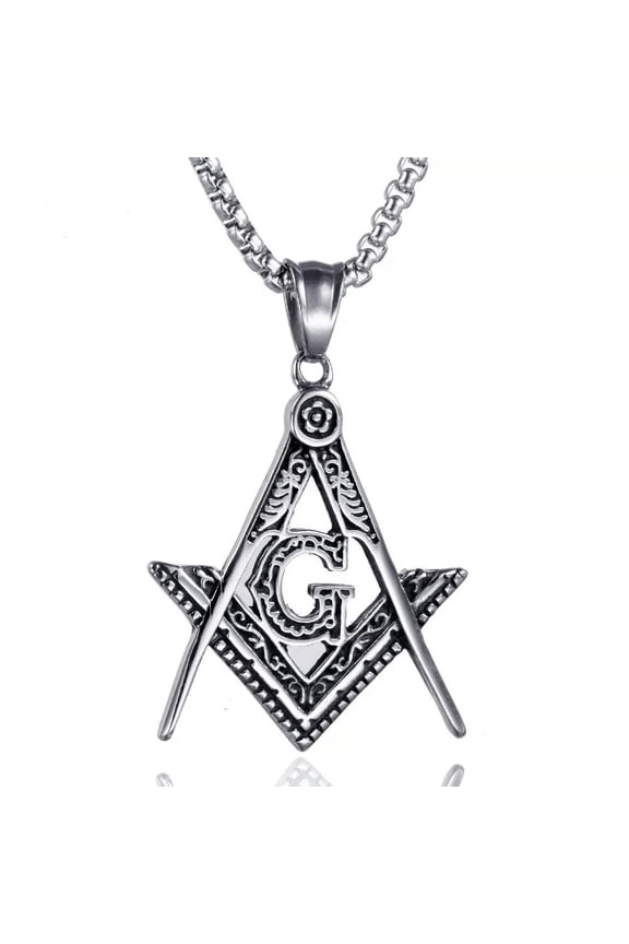 Mens Silver Freemason Masonic Symbol Pendant Necklace Stainless Steel Chain 24"