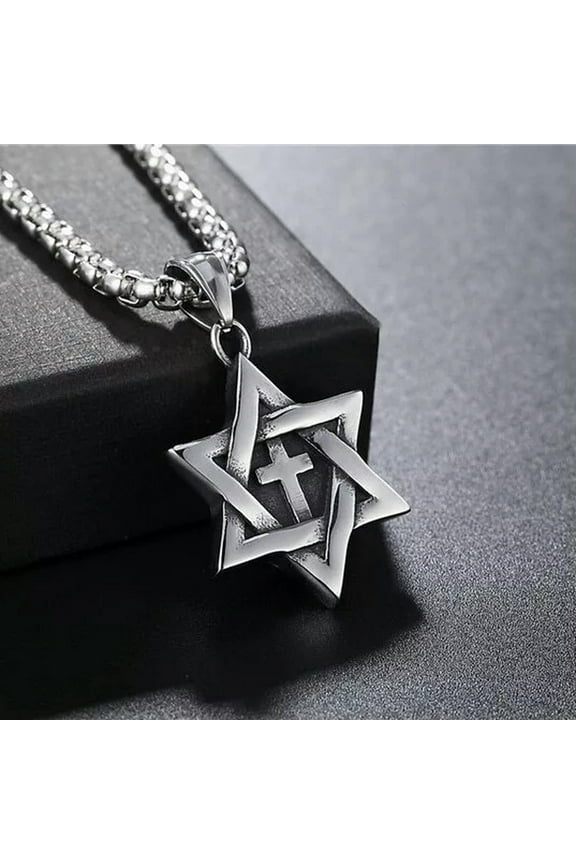 Mens Silver Jewish Star of David Messianic Cross Pendant Necklace Punk Jewelry