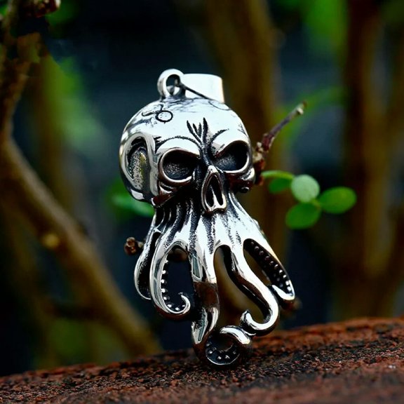 HOOUN Mens Silver Octopus Skull Pendant Necklace Punk Retro Rock Jewelry Box Chain 24"