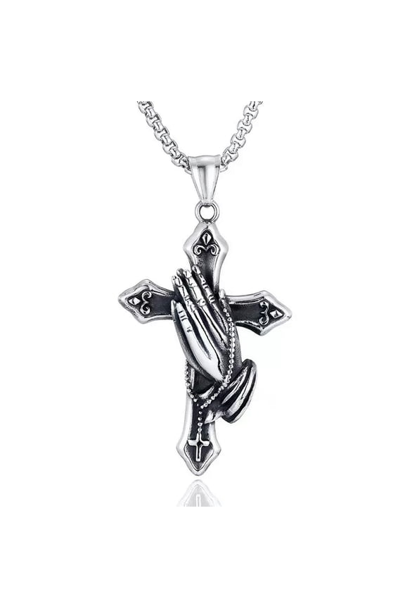 Mens Silver Praying Hands Cross Pendant Lord's Prayer Necklace Box Chain 24"