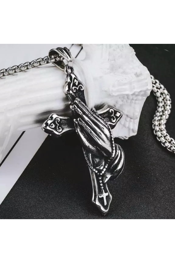Mens Silver Praying Hands Cross Pendant Necklace Stainless Steel Box Chain 24"