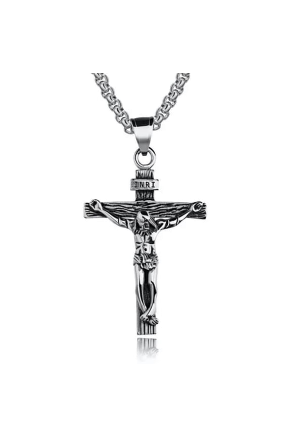 Mens Silver Stainless Steel Jesus Christ Crucifix Cross Pendant Necklace C-ca_-Silver