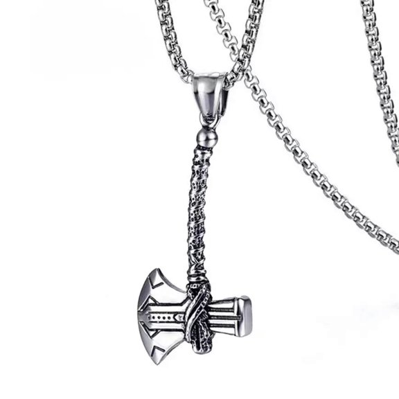 HOOUN Mens Silver Viking Axe Pendant Necklace Punk Hip Hop Biker Jewelry Box Chain 24"
