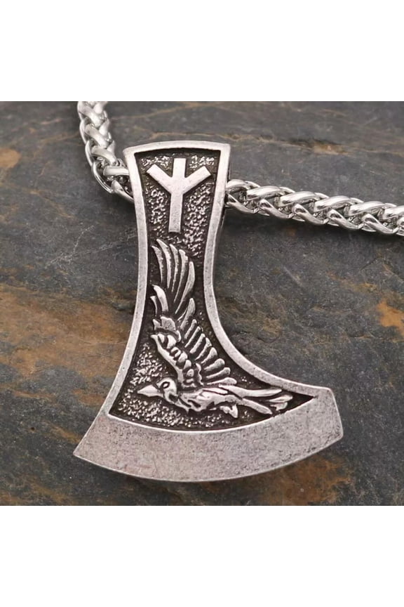 Mens Silver Viking Wolf Raven Axe Amulet Pendant Punk Biker Necklace Chain 24"