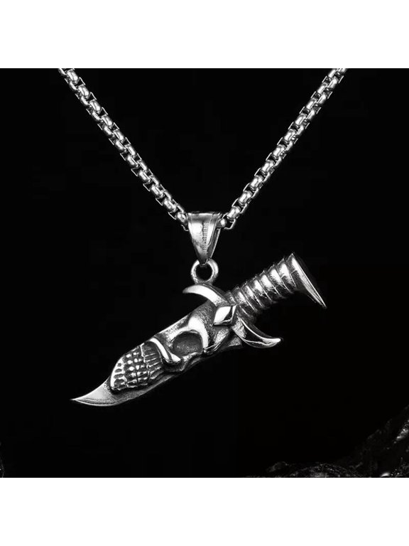 Mens Skeleton Dagger Pendant Punk Rock Biker Necklace Stainless Steel Chain 24"