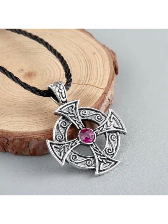 Mens Slavic Viking Shield Irish Sun Cross Antique Silver Pendant Necklace