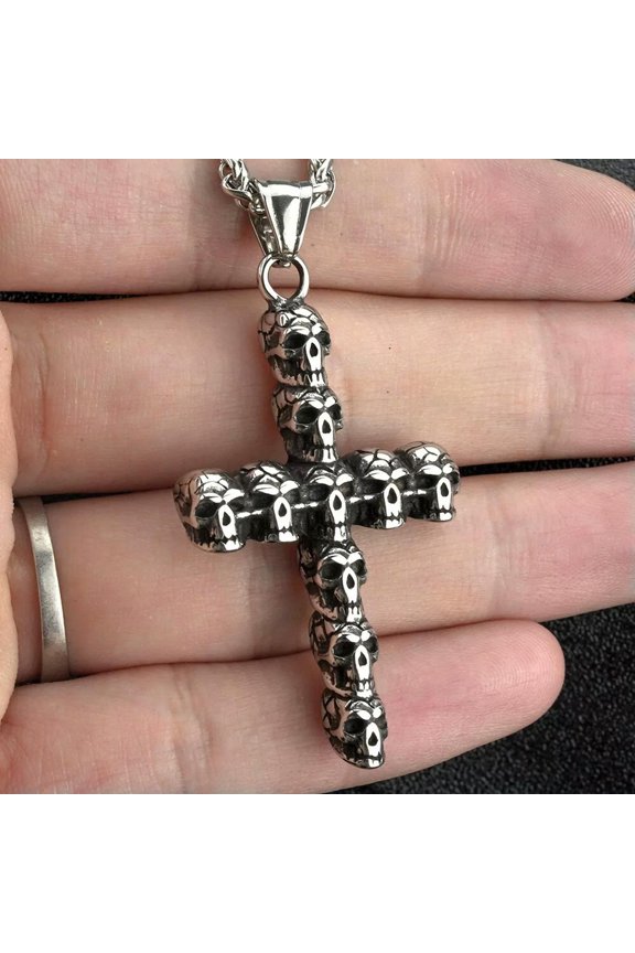 Mens Stainless Steel Gothic Biker Skull Punk Cross Pendant Necklace with Chain