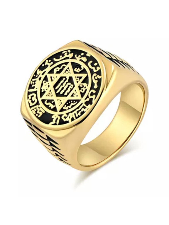 Mens Stainless Steel Star of David Hexagram Religious Ring Biker Band Jewelry-Gold-7