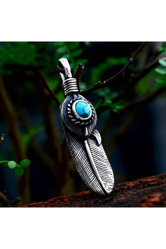 Mens Turquoise Feather Pendant Necklace Punk Biker Jewelry Stainless Steel 24"