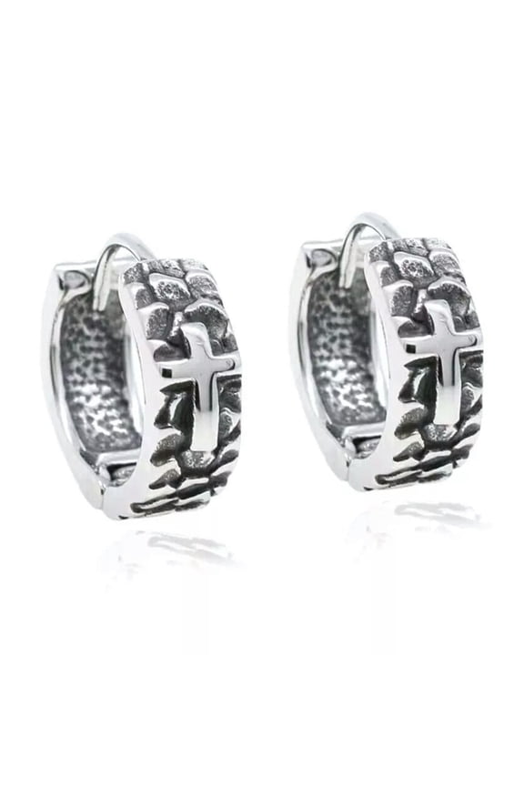 Mens Unisex Surgical Steel Silver Small Cross Huggie Hoop Earrings Punk Jewelry