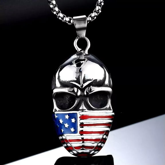 HOOUN Mens Unisex US Flag Skull Pendant Necklace Punk Rock Biker Jewelry Box Chain 24"