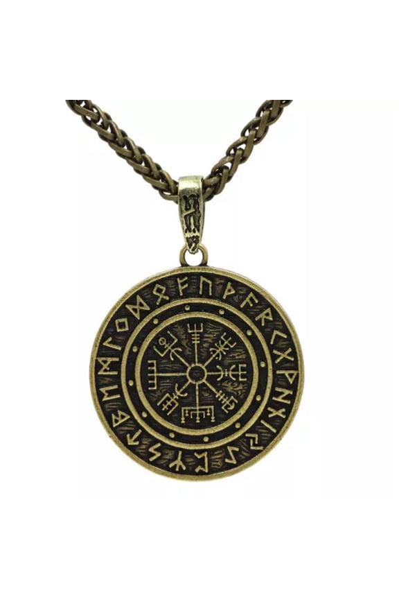 Mens Viking Vegvisir Mjolnir Compass Amulet Compass Pendant Necklace Braid Chain-Bronze