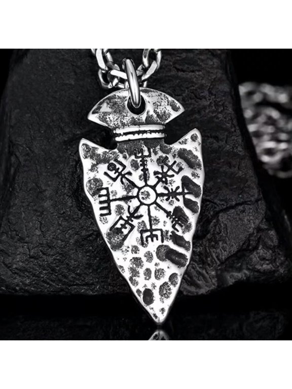 Mens Viking Weapon Spearhead Dagger w. Compass Pendant Necklace Punk Jewelry 24"