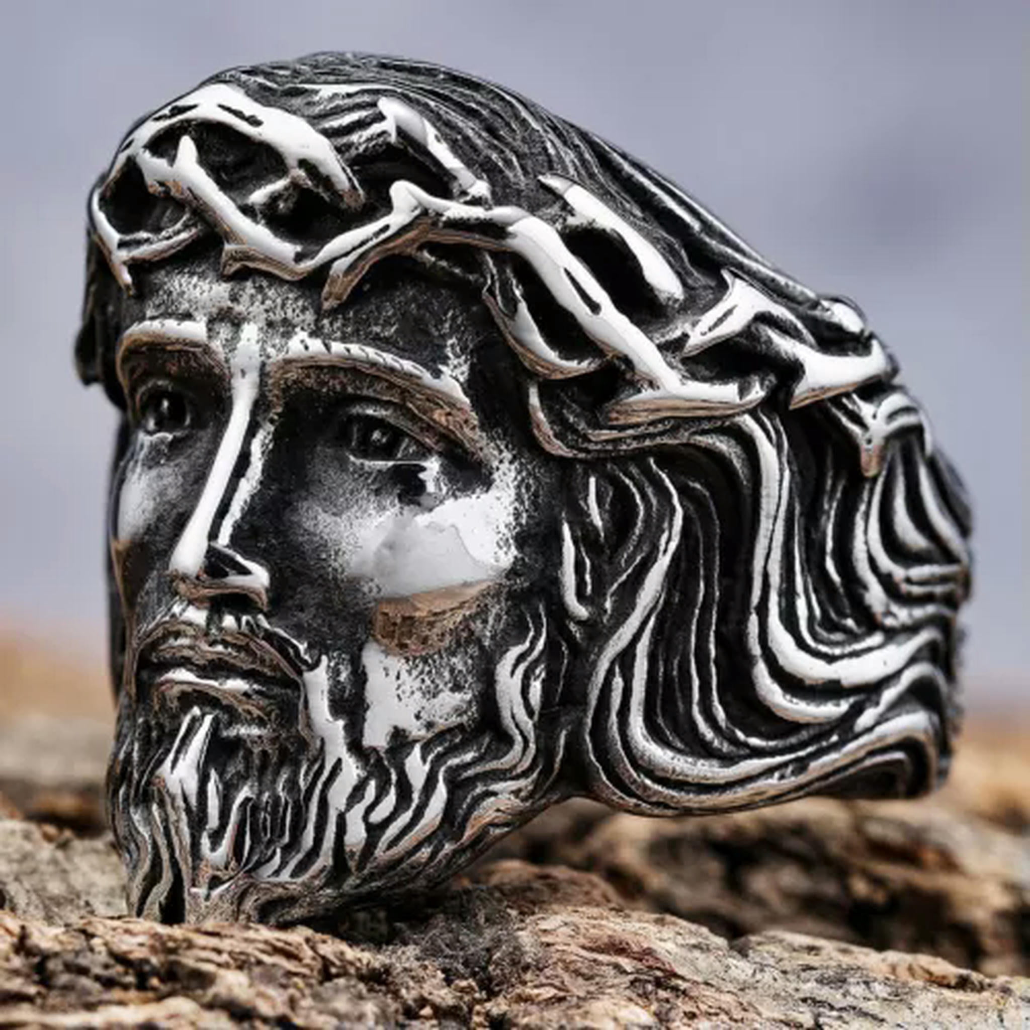 HOOUN Mens Vintage Jesus Ring Stainless Steel Olive Branch Crown Jesus ...