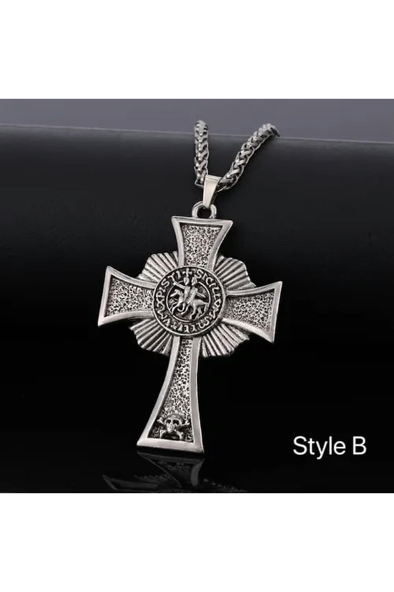 Mens Vintage Masonic Cross w. Crown Pendant Necklace Christian Jewelry Chain 24"-Style B