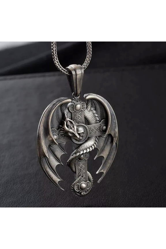 Mens Winged Dragon Skull Cross Pendant Necklace Gothic Punk Jewelry Chain 24"
