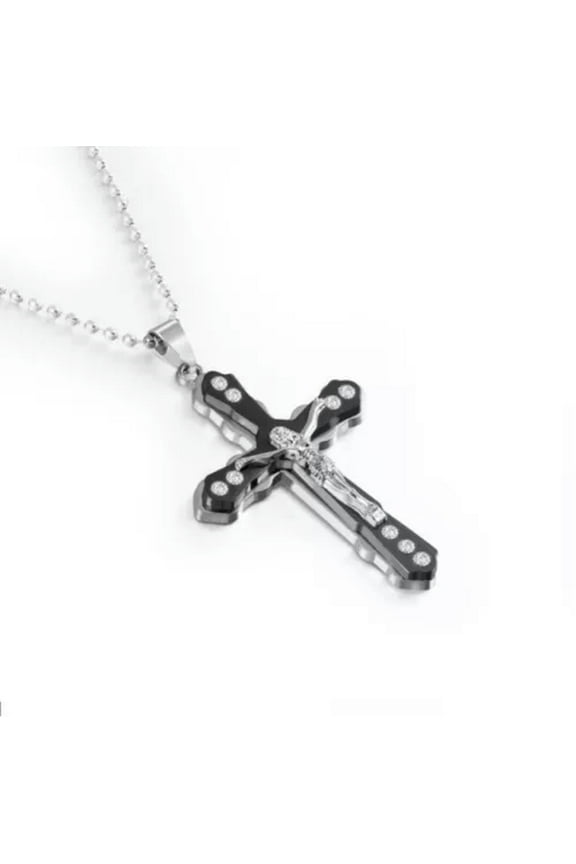 Mens Women Chain Necklace Black Cross Stainless Steel Pendant Crucifix Jesus UK-Black