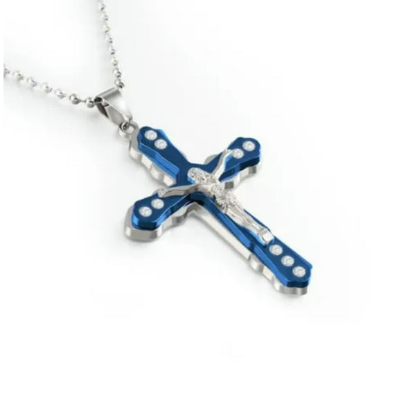 HOOUN Mens Women Chain Necklace Black Cross Stainless Steel Pendant Crucifix Jesus UK-Blue