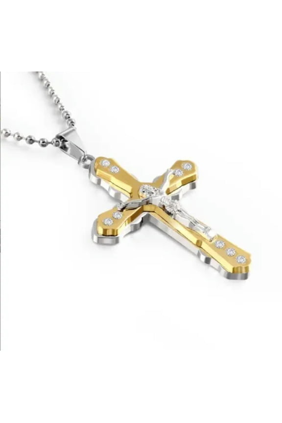Mens Women Chain Necklace Black Cross Stainless Steel Pendant Crucifix Jesus UK-Gold