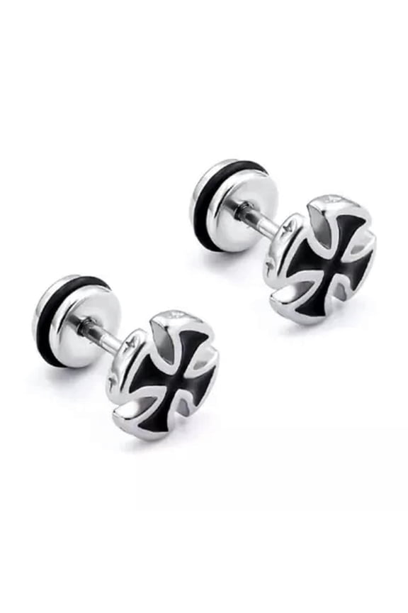 Mens Womens Surgical Steel Gothic Punk Skull / Rose / Ankh Cross Stud Earrings-Style 2: Iron Cross