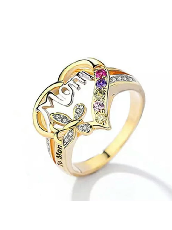 "Mom" Gold Plated Heart Birthstone Rings for Mother Gift Birthday Size 6-10-10-1# Gold