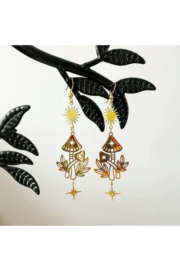 Mushroom Earrings, Quartz Crystal Earrings, Celestial Earrings,Witchy Earrings-2#gold mushroom sun moon star