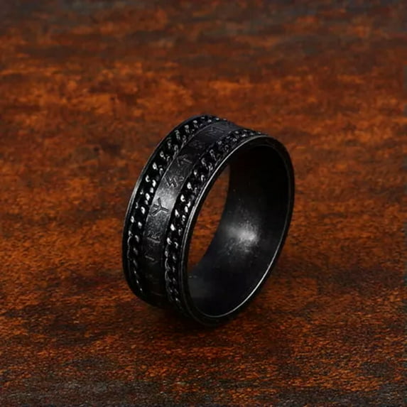 HOOUN Mystic Viking Runes Wedding Band Unisex Stainless Steel Cable Chain Spinner Ring-13-Black