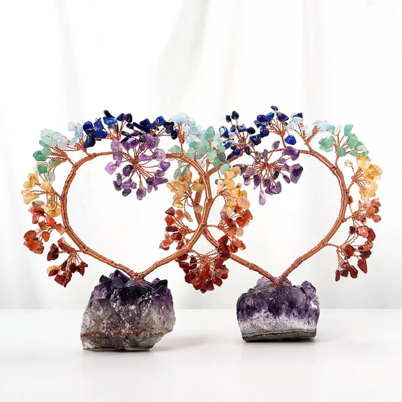 HOOUN Natural 7 Chakra Love Heart Tree Amethyst Cluster Base Crystal Quartz Gemstone