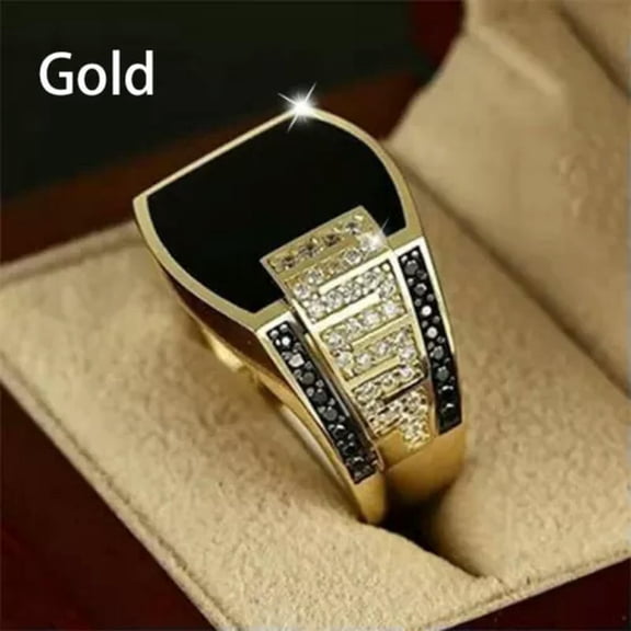 HOOUN Natural Black Gemstone Ring Men's Wedding Engagement Ring Band Jewelry Gift-Gold-9