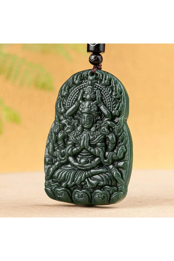 Natural Black Jade Men Women Lucky Patron Saint Thousand-handed Guanyin Pendant