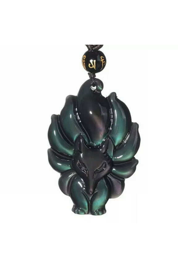 Natural Black Obsidian Crystal Nine Tail Fox Necklace Pendant Bead with Chain-rainbow 1