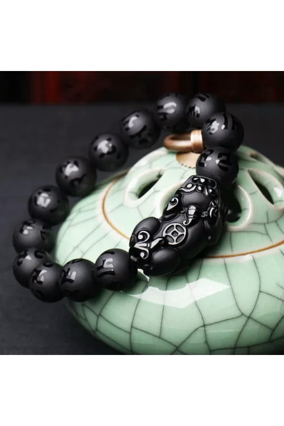 Natural Black Obsidian Pi Xiu Beaded Bracelets Six Word Round Beads Gemstone