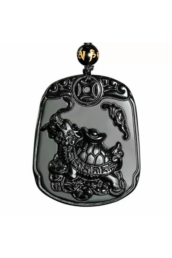 Natural Black Obsidian crystal dragon turtle Necklace pendant bead with chain