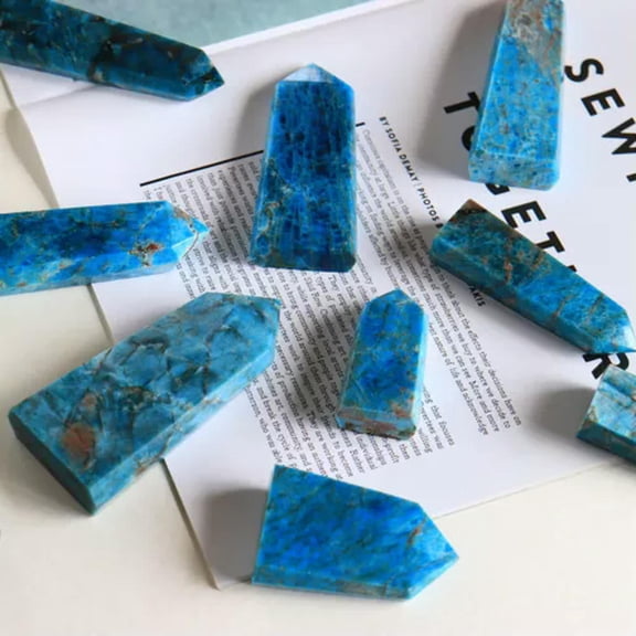 HOOUN Natural Blue Apatite Slice Half Hexagonal Mineral Palm Obelisk Crystal Stone-70-100g