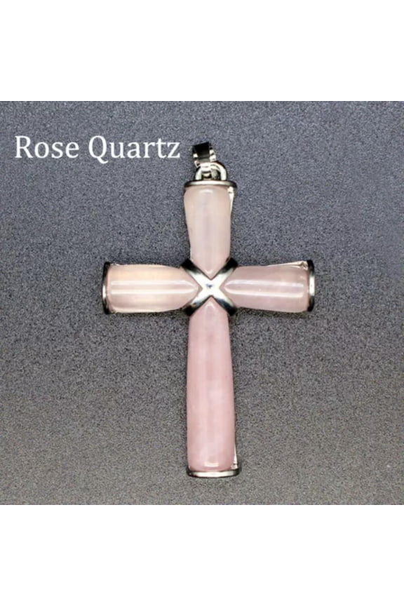 Natural Chakra Crystal Cross Pendant Gems Stone Amulet Energy Reiki Healing Gift-Rose Quartz