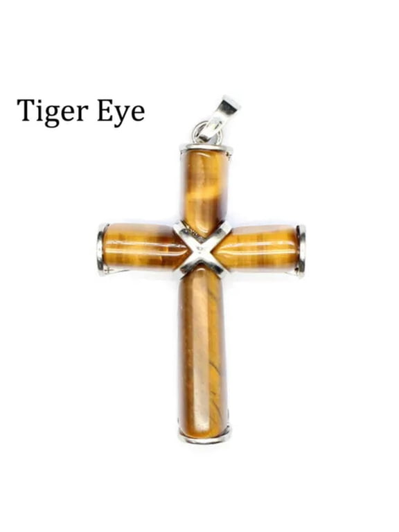 Natural Chakra Crystal Cross Pendant Gems Stone Amulet Energy Reiki Healing Gift-Tiger Eye