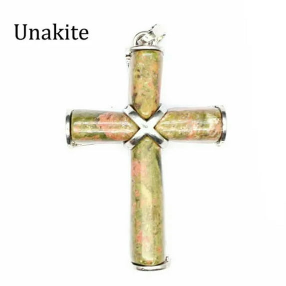 HOOUN Natural Chakra Crystal Cross Pendant Gems Stone Amulet Energy Reiki Healing Gift-Unakite