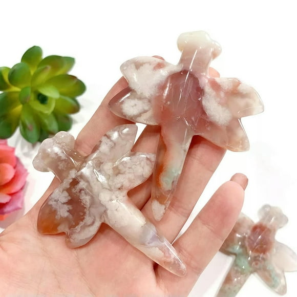 HOOUN Natural Cherry Blossom Sakura Agate Dragonfly Crystal Insect Animal Hand Carved