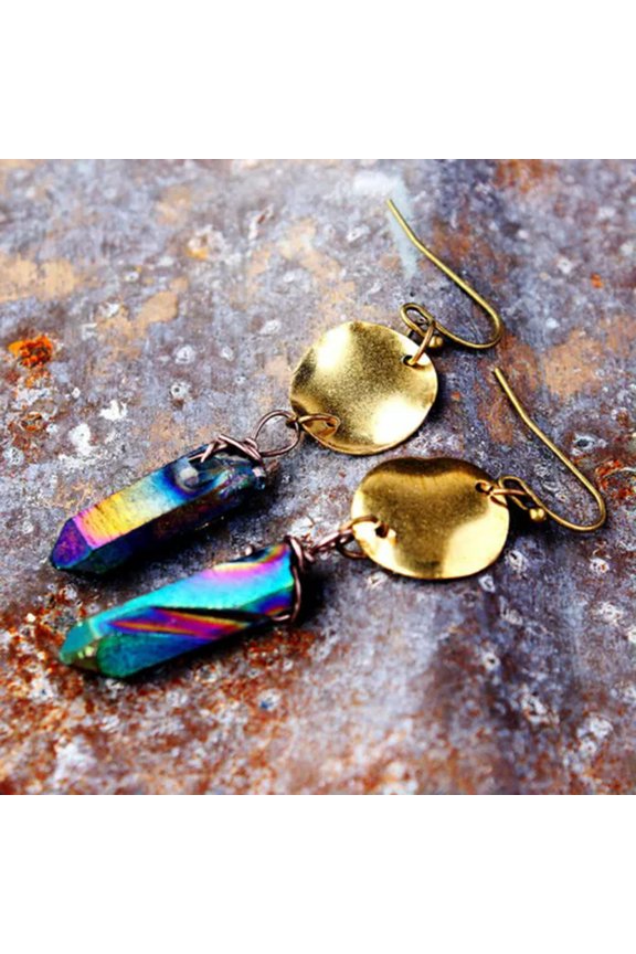 Natural Clear Quartz Crystal Earrings Triangle Geometry Celestial Jewelry Gift-Rainbow-Round