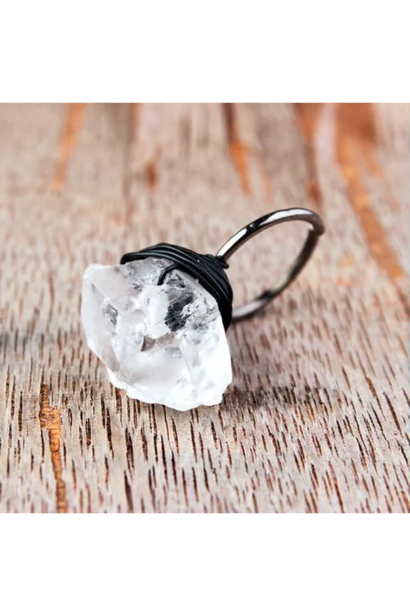 Natural Clear Rock Quartz Crystal Adjustable Irregular Stone Finger Ring Jewelry-Black-Size Big