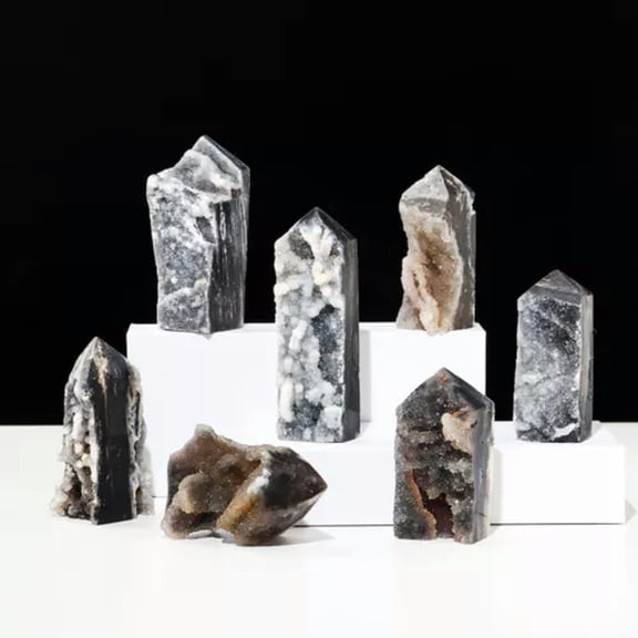 HOOUN Natural Cluster Druzy Black Sphalerite Column Tower Point Gemstone Crystal Reiki-150-200g