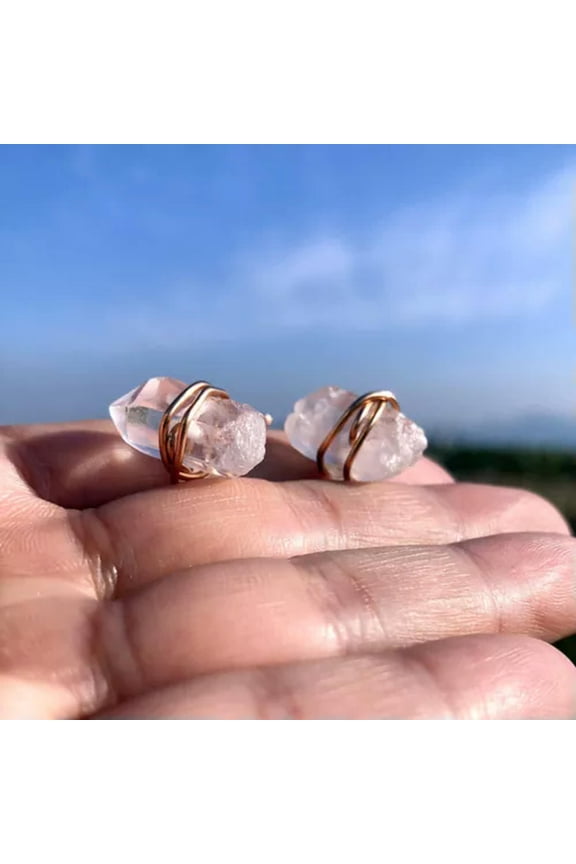 Natural Cone Clear Quartz Rhinestone Crystal Gemstones Hoop Wrap Earrings Stud-Gold