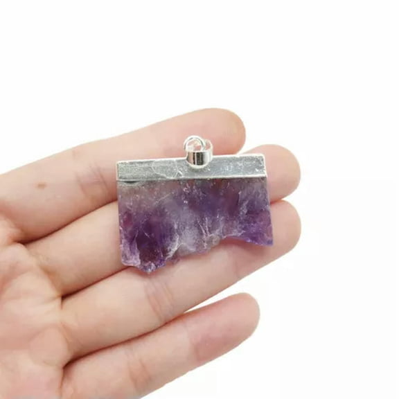 HOOUN Natural Crystal Amethyst Raw Slice Pendant Necklace Healing Quartz Gemstones-A-Silver