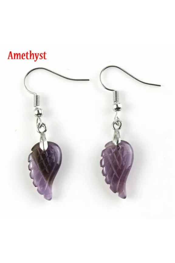Natural Crystal Angel Wing Gemstone Earrings Quartz Chakra Healing Stone Jewelry-Amethyst