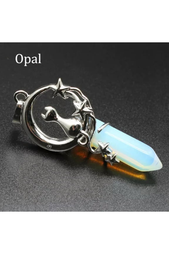 Natural Crystal Chakra Cat Moon Star Pendant Hexagonal Pointed Quartz Reiki Gift-Opal