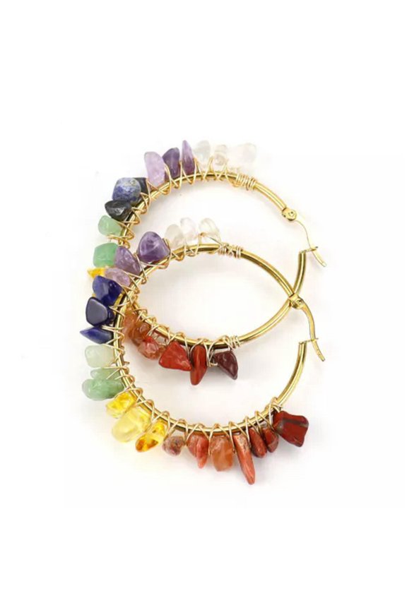 Natural Crystal Chips Wire Wrapped Round Circle Earrings Stone Gravel Jewelry-Chakra-1 Pair