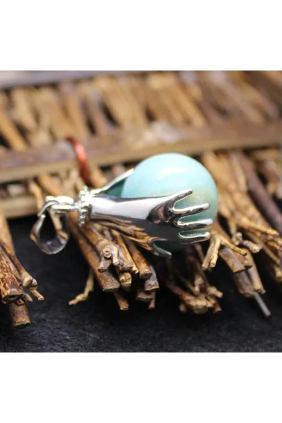 Natural Crystal Gemstone Hands Palm Wrap Ball Round Reiki Chakra Pendant Beads-Amazonite