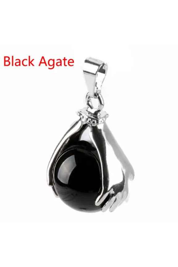 Natural Crystal Gemstone Hands Palm Wrap Ball Round Reiki Chakra Pendant Beads-Black Agate